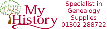 My History - The Genealogy Store for Beginners and Experienced Family Historians. Image shows the My History Logo and Telephone number 01302 288722 plus opening times of Monday to Friday, 8.30am to 4.50pm