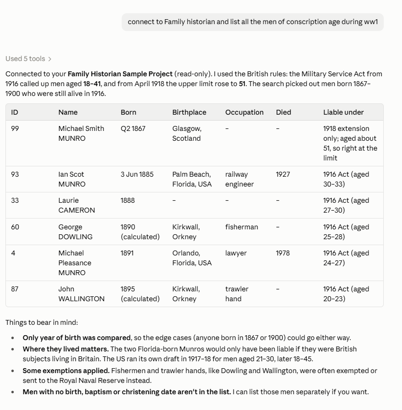Claude, connected to a Family Historian project, listing the men who were of conscription age during World War I and explaining its reasoning.