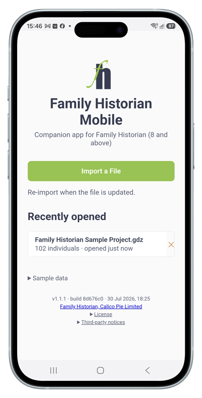 Family Historian Mobile: the home screen, where you open your project.