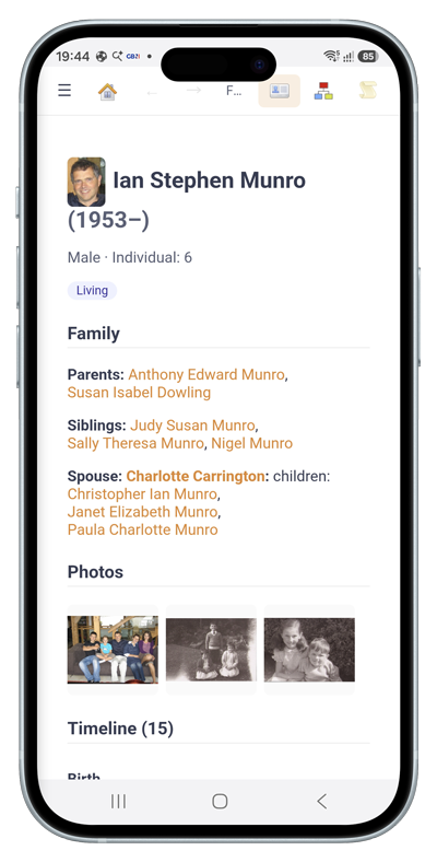 Family Historian Mobile: a person�s page, with family, photos and timeline.