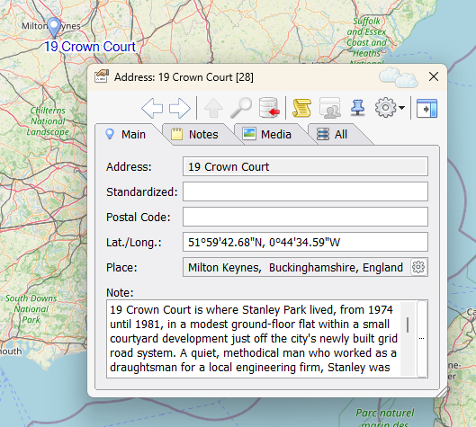 An Address record with its own map location, place and notes � and its marker on the map
Background: Family Historian allows you to record not only the place of the event (for example: �Greenwich, London, England�), but optionally also the actual address within that. This can be a literal address (�14 Main Street�), or some other kind of detailed specification of the exact location � such as a hospital name or the plot location of a grave in a cemetery.