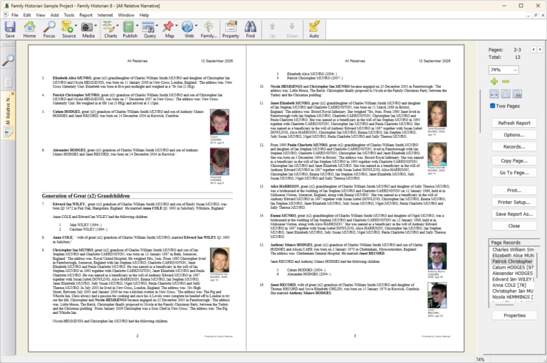 The new All Relatives Narrative report, organised by generation, with pictures.