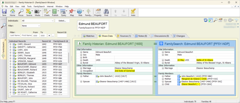 The new FamilySearch window: a person in your project (left) compared with the matching person in FamilySearch (right), with differences highlighted.
