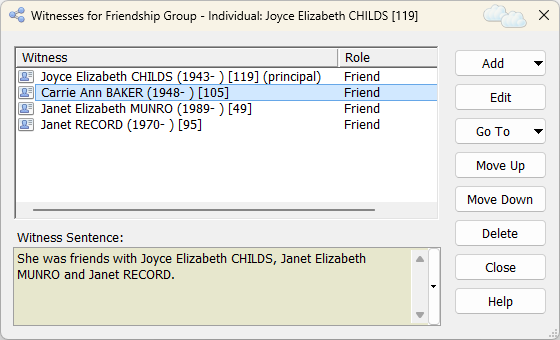 A friendship group: each member is recorded as a friend, and Family Historian writes the sentence for you.