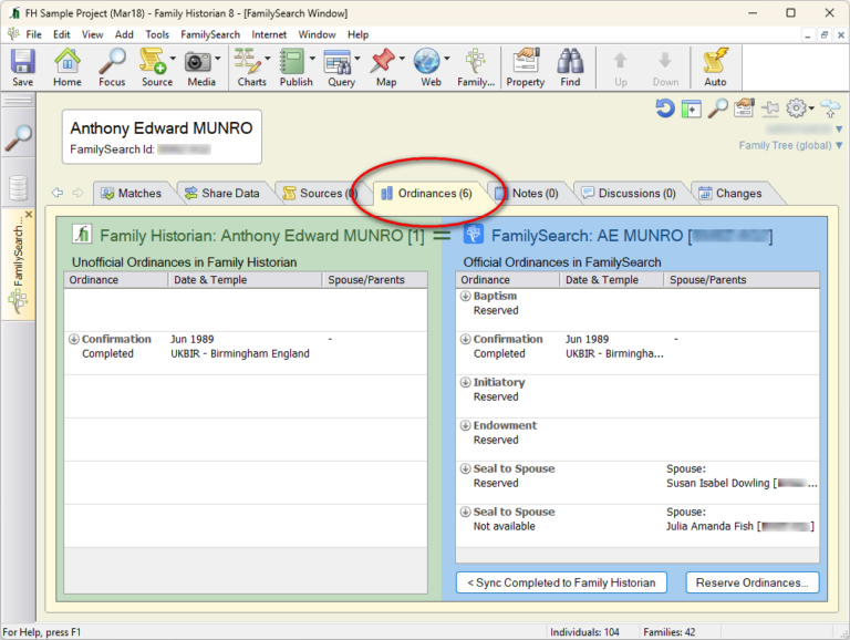 The Ordinances tab in the FamilySearch window, comparing ordinances in Family Historian with those in FamilySearch.