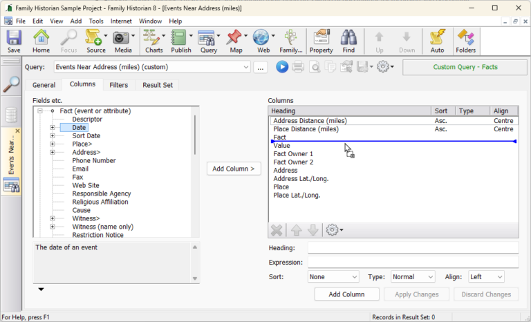 The redesigned Query Window: adding columns to a query that finds events near an address.