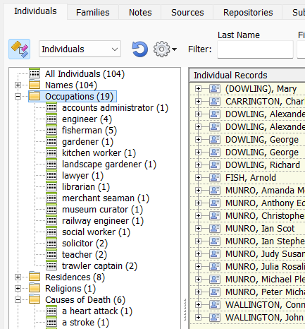 Smart Folders in the Records Window: people automatically sorted into folders by name, occupation, residence, religion and cause of death.