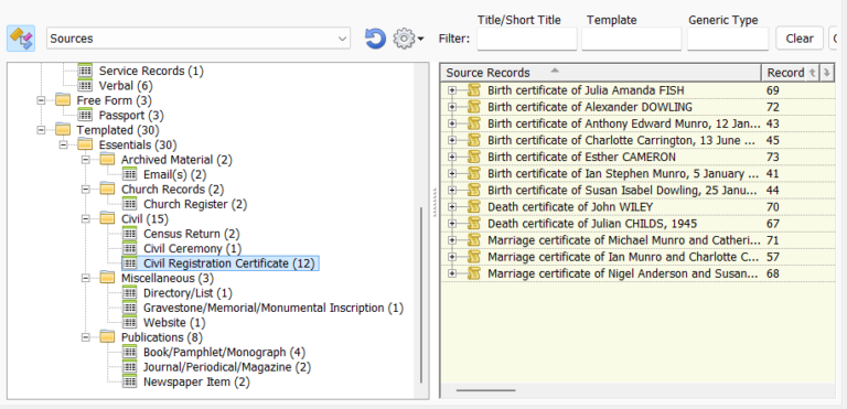 Smart Folders for sources: Source records organised automatically by type, based on your source templates.