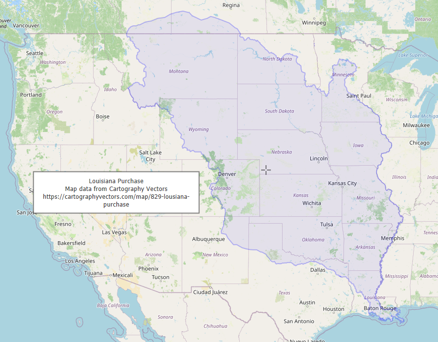 An overlay marking the boundary of the Louisiana Purchase of 1803.