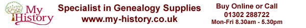 My History - The Genealogy Store for Beginners and Experienced Family Historians. Image shows the My History Logo and Telephone number 01302 288722 plus opening times of Monday to Friday, 8.30am to 4.50pm